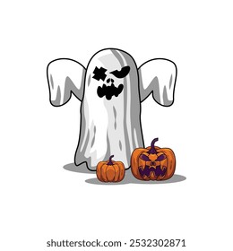 Scary halloween ghost with pumpkin spooky vector