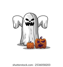 Scary halloween ghost with pumpkin spooky graphic