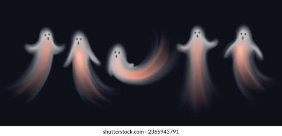 Scary Halloween ghosts with creepy faces. White flying spiritual monsters or nightmare shadows on dark background.