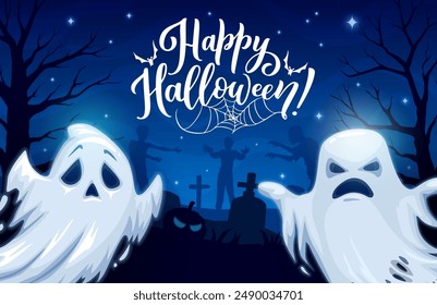 Scary Halloween ghosts on cemetery. Halloween season party, October horror holiday celebration vector background with creepy ghosts or spirits, zombies characters and dry trees on night cemetery