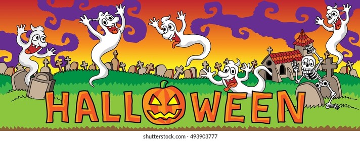 Scary Halloween graveyard (evening). Vector cartoon illustration.