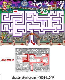 Scary Halloween graveyard. Help kids to get out of graveyard. Variant with square labyrinth (landscape).