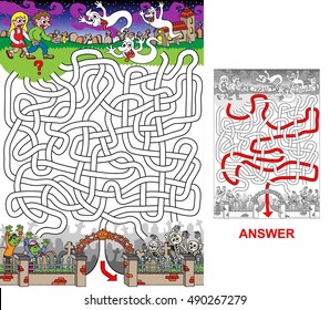 Scary Halloween graveyard.  Help kids to get out of graveyard. Variant with zigzag labyrinth (portrait).