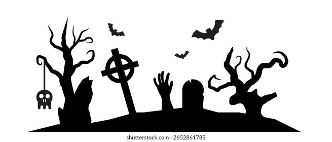 Scary Halloween Graveyard Silhouettes of Trees Zombie Hand Crosses. International autumn holiday celebration concept vector art
