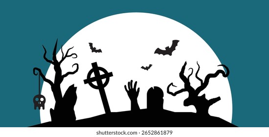 Scary Halloween Graveyard Silhouettes of Trees Zombie Hand Crosses. International autumn holiday celebration concept vector art
