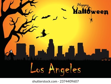 Scary Halloween greeting card with panorama of Los Angeles at sunset