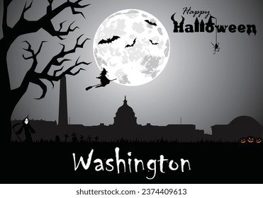 Scary Halloween greeting card with panorama of Washington at midnight