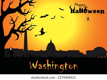 Scary Halloween greeting card with panorama of Washington at sunset