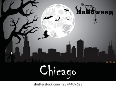 Scary Halloween greeting card with panorama of Chicago at midnight