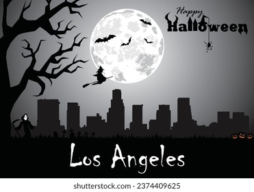 Scary Halloween greeting card with panorama of Los Angeles at midnight