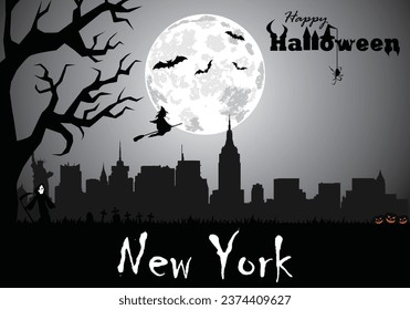 Scary Halloween greeting card with panorama of New York City at midnight