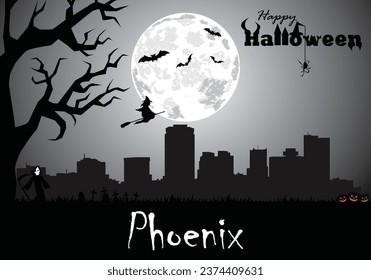 Scary Halloween greeting card with panorama of Phoenix at midnight