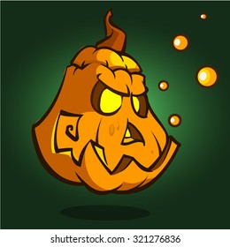 Scary Halloween grinning pumpkin head with yellow eyes isolated on dark background