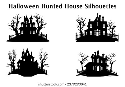 Scary Halloween Haunted House Silhouette Vector illustration Set