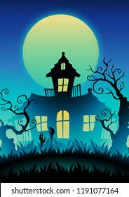 scary halloween haunted house vecter background, card, on ydark background, full moon behind