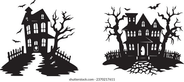 Scary Halloween House Bundle Set: A Silhouette Vector of Haunted Houses, Nighttime Halloween and Bat House Logo