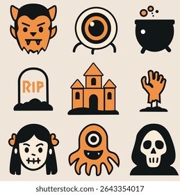 Scary Halloween Icons in Flat Vector Style