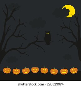 Scary  halloween illustration. Night, owl on the branch, pumpkins, moon.