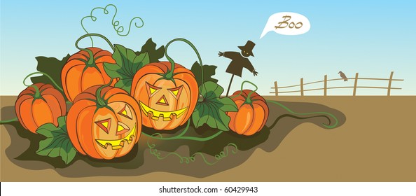 Scary Halloween illustration with pumpkins and scarecrow.