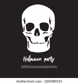 Scary Halloween Illustration. White Human Skull Vector Graphic. Hand Drawn Design. Scary Dead. Black background.