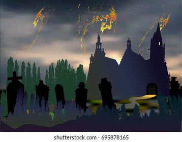Scary halloween landscape with cemetery, tombstones, old church and silhouettes of trees. Dark night landscape with dramatic sky, clouds, chapel and graves