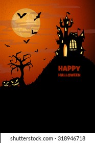 scary halloween landscape with a silhouette of castle, flying bats, dry tree and pumpkins, vector illustration with copy space