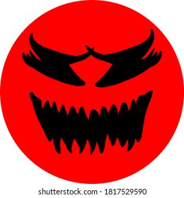 Scary halloween lantern pumpkin face isolated on red circle, hand draw illustration.