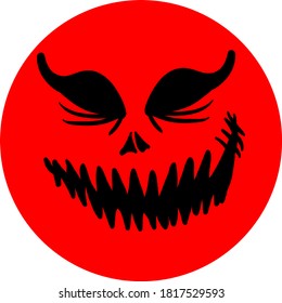Scary halloween lantern pumpkin face isolated on red circle, hand draw illustration.