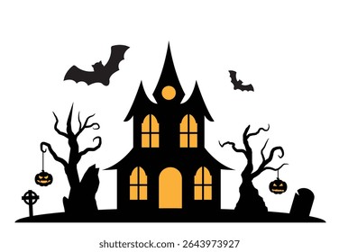 Scary Halloween Mansion or Church Silhouette with Bats and Pumpkins. Autumn holiday cultural and religious event concept vector art