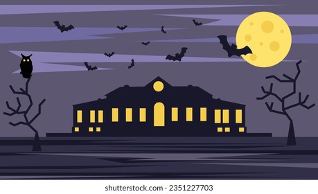 Scary Halloween Mansion in the Dark. Horror and Autumn Holiday Background Vector Illustration.