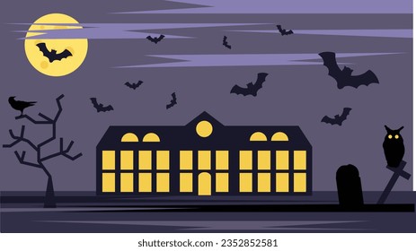 Scary Halloween Mansion in the Dark. Halloween and seasonal vector illustration topic