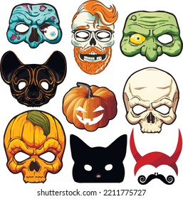 Gruseliges Halloween-Maskensatz: Schädel, Zombie, Kürbis, Katze, Teufel, Dämon, Fledermaus, Chupacabra