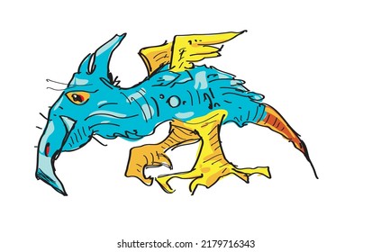 Scary Halloween monster, which is bird like dragon with beak. Vector sketch style, cartoon style, black and white image. 
