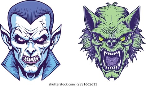 Scary Halloween Monsters Illustration, Isolated Cartoon Clip Art of a Vampire and Werewolf Clip Art, Digital Vector Artwork