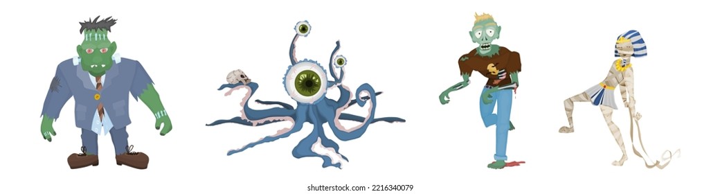 scary halloween monsters zombie mummy and octopus. vector flat style