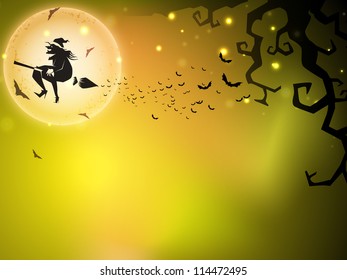 Scary Halloween moon light night background with silhouette on witch flying on broom stick and dead tree. EPS 10.