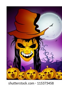 Scary Halloween moon light night background with zombie and pumpkins. EPS 10.