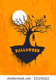 Scary Halloween moonlight background with hanging dead body from tree, can be use as flyer, banner or poster for trick or treat party. 
