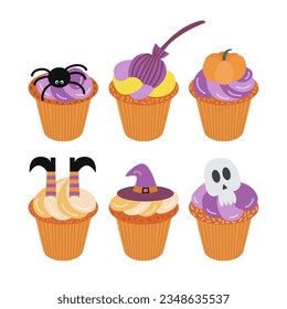 Aterrador conjunto de muffins de Halloween. Pasteles de Halloween de estilo plano con araña, fantasma, sombrero de bruja, piernas y escoba.