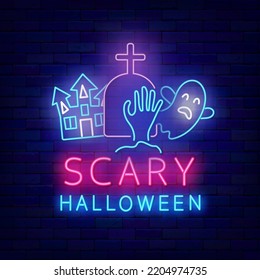 Scary Halloween neon label. Gravestone with castle and ghost. Light advertising and greeting card. October celebration. Season party. Shiny signboard. Vector stock illustration