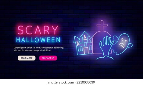 Scary Halloween neon label. Website landing page. Gravestone with castle and ghost. Light advertising and greeting card. October celebration. Season party. Vector stock illustration