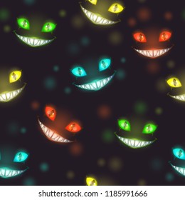 Scary Halloween night background with creepy colorful shiny evil faces. Nightmare texture.
