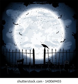 Scary Halloween night background, crow in the cemetery, illustration.