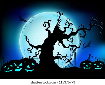 Scary Halloween night background with dead tree branches and pumpkins. EPS 10.