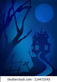 Scary Halloween night background with haunted house. EPS 10.