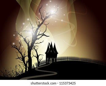 Scary Halloween night background with haunted house and dead tree branches. EPS 10.