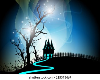 Scary Halloween night background with haunted house and dead tree branches. EPS 10.