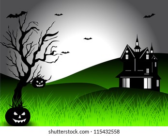 Scary Halloween night background with haunted house, dead tree and pumpkins. EPS 10.