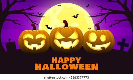 Scary halloween night background. Illustration of pumpkins, bats, trees on a full moon. Holiday vector background