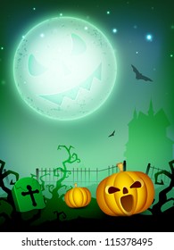 Scary Halloween night background with pumpkin and grave stone. EPS 10.